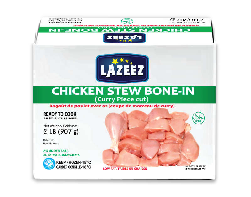 Lazeez Chicken Stew Bone-In. Net Wt 2 LB ( Gross Wt was 2.5LB). 2 LB X 10 Pack Per Case. Product of Canada. Save $10