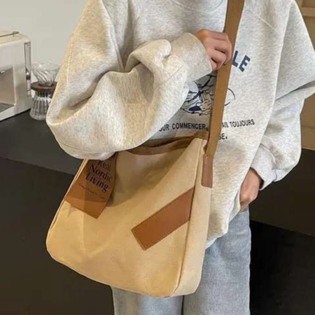Korean Aesthetic Light Khaki Canvas Shoulder  Tote Bag – Large Capacity Casual Sling Bag  with Brown Strap & Patch Detail Large  Capacity Bag Multi-functional Bag One  Shoulder Crossbody Tution Bag, Study Bag  (LIGHT KHAKI)