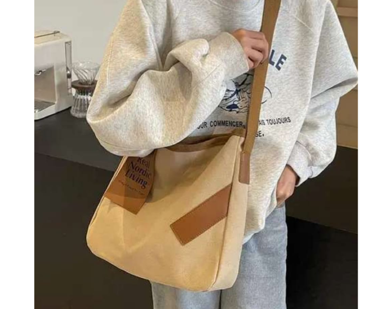 Korean Aesthetic Light Khaki Canvas Shoulder  Tote Bag – Large Capacity Casual Sling Bag  with Brown Strap & Patch Detail Large  Capacity Bag Multi-functional Bag One  Shoulder Crossbody Tution Bag, Study Bag  (LIGHT KHAKI)