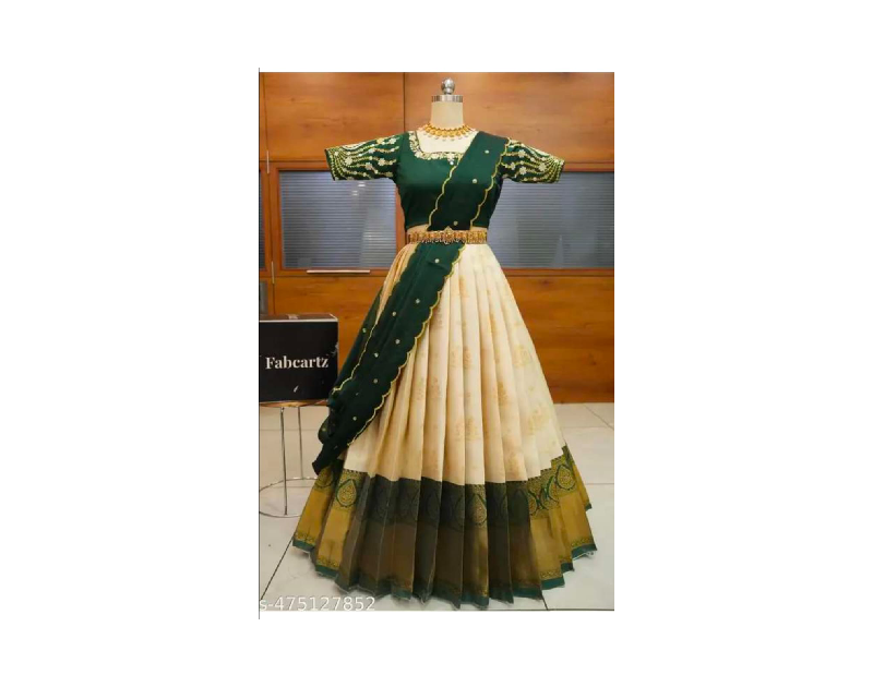 Trending Beautiful South Indian Style Half  Saree With Blouse & Rangoli Embroidery Dupatta