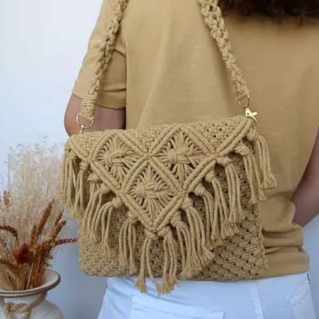 Loops knot Macrame Women Girl Handmade  Cotton Boho Crochet Large khakhi Sling Bag  Fashion Gift