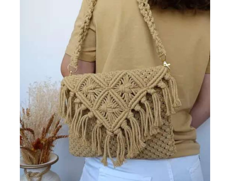 Loops knot Macrame Women Girl Handmade  Cotton Boho Crochet Large khakhi Sling Bag  Fashion Gift