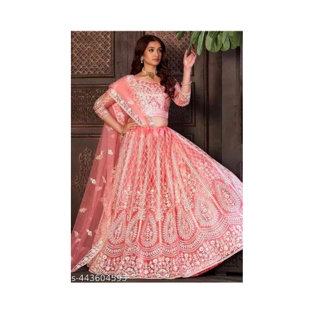 Peach Embroidered Net Lehenga Set