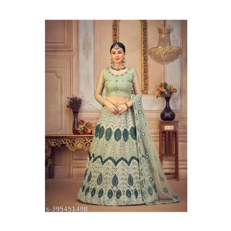 Embroidered Semi - Stitched Lehenga & Unstitched Blouse With Dupatta