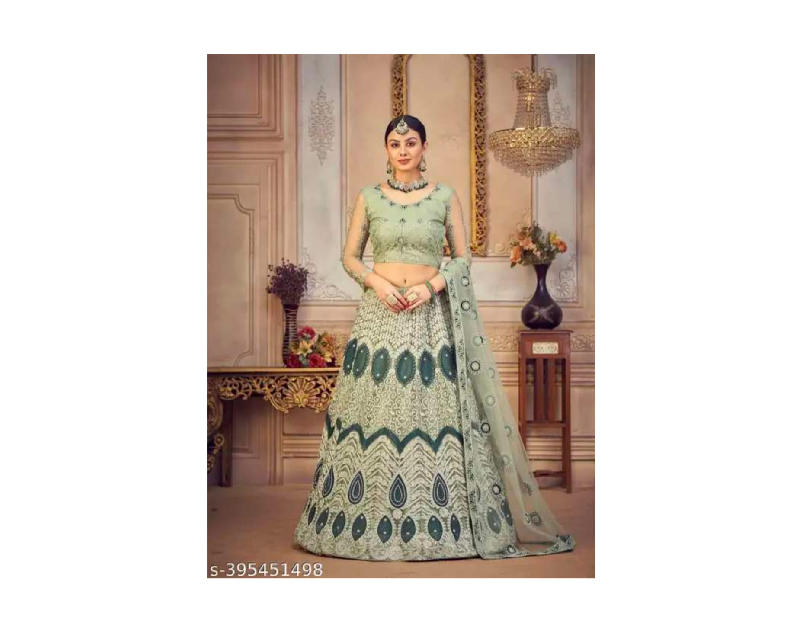Embroidered Semi - Stitched Lehenga & Unstitched Blouse With Dupatta
