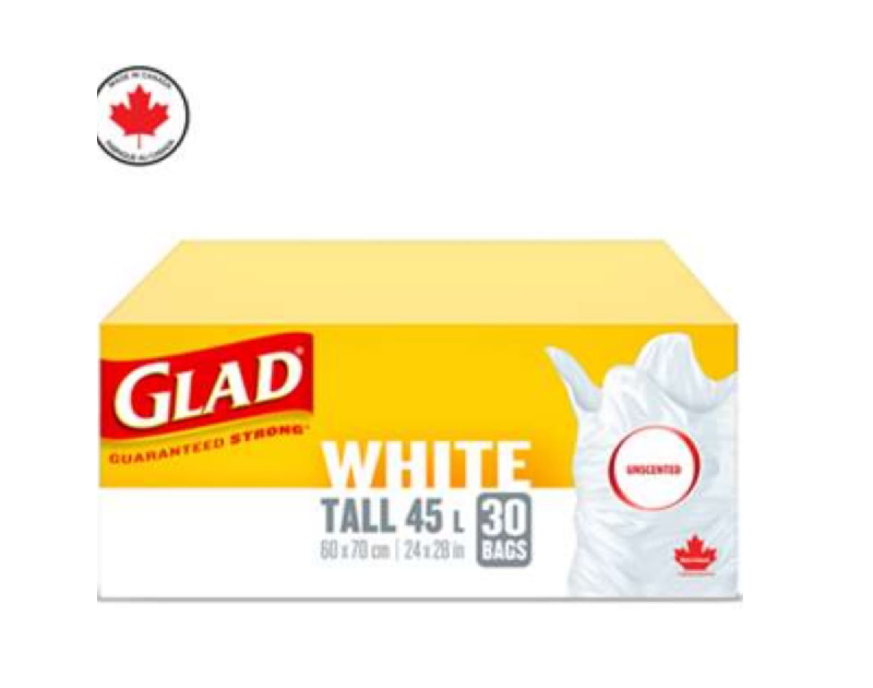 Glad White Tall 24" X 28" 45L Unscented - 30 Bags