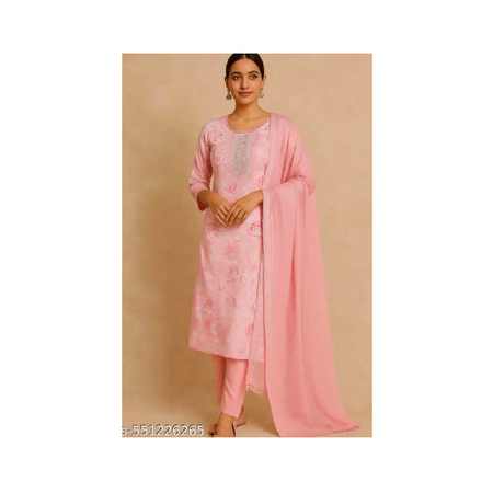 Elegant Pink Floral Cotton Salwar Suit with  Embroidered Neck & Dupatta