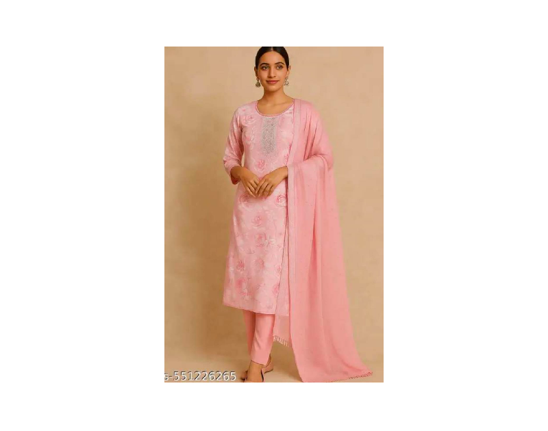 Elegant Pink Floral Cotton Salwar Suit with  Embroidered Neck & Dupatta