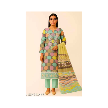 Cotton Unstitched Suit with Multicolor Polka Print & Embroidered