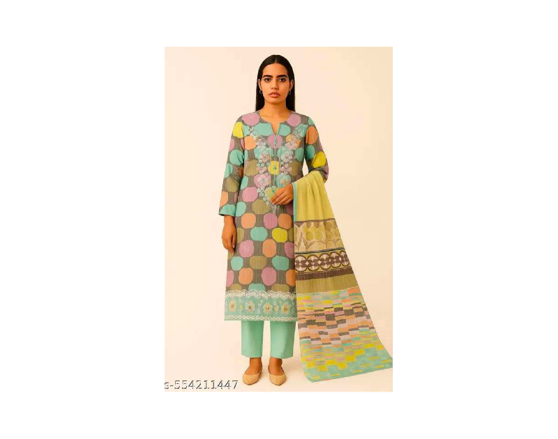 Cotton Unstitched Suit with Multicolor Polka Print & Embroidered