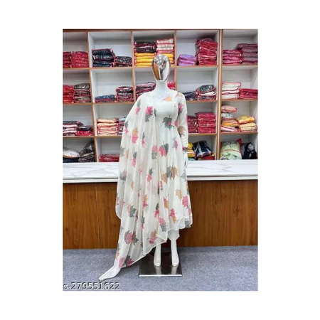 Pristino New Limited Collection Faux Georgette Printed White Dress With Dupatta For Women