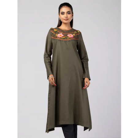 Olive Embroidered Cotton Kurta