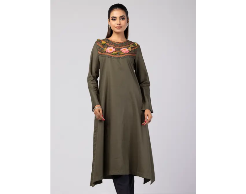 Olive Embroidered Cotton Kurta