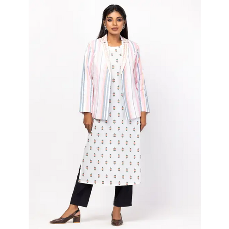 White Printed and Arri Embroidered Cotton Kurta