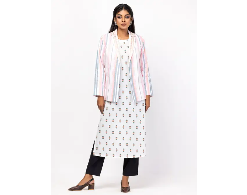 White Printed and Arri Embroidered Cotton Kurta