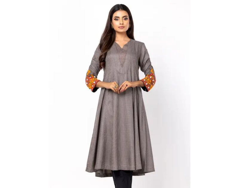 Grey Embroidered Viscose Kurta