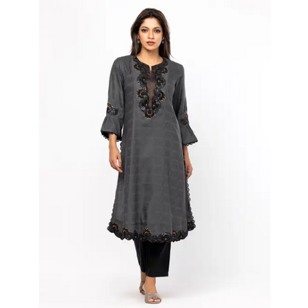Charcoal Grey Printed Viscose-Cotton Kurta