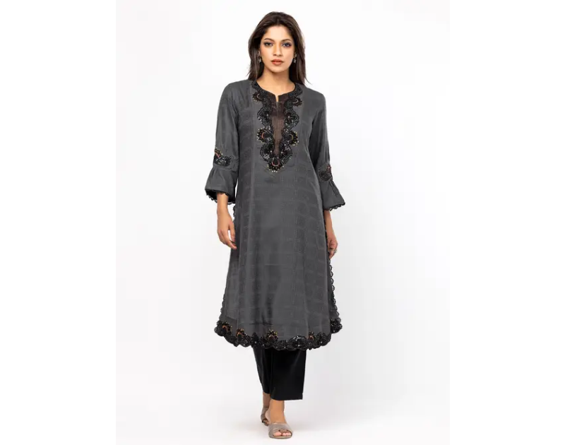 Charcoal Grey Printed Viscose-Cotton Kurta