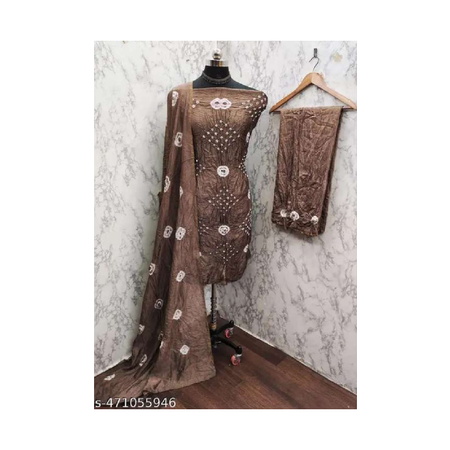 Pure Chanderi Cotton Chiku Colour Hand  Bandhej 3pcs Dress Material - Dress Materials Cotton