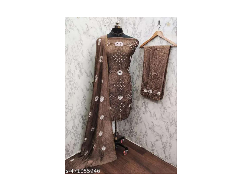 Pure Chanderi Cotton Chiku Colour Hand  Bandhej 3pcs Dress Material - Dress Materials Cotton