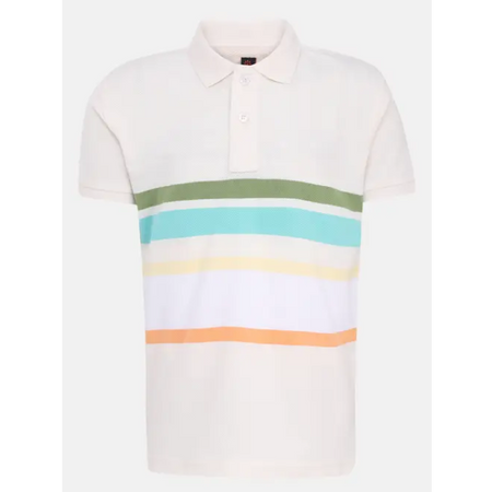 Beige Striped and Dyed Mixed Cotton Polo Shirt
