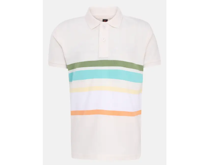 Beige Striped and Dyed Mixed Cotton Polo Shirt