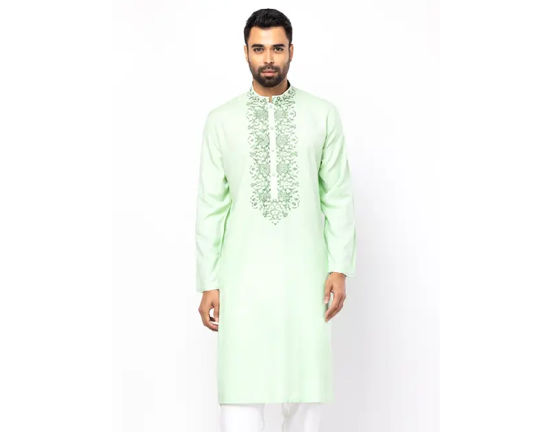 Mint Green Embroidered Viscose-Cotton Panjabi