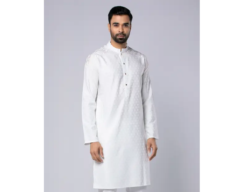 White Textured and Embroidered Vortex Cotton Slim Fit Panjabi