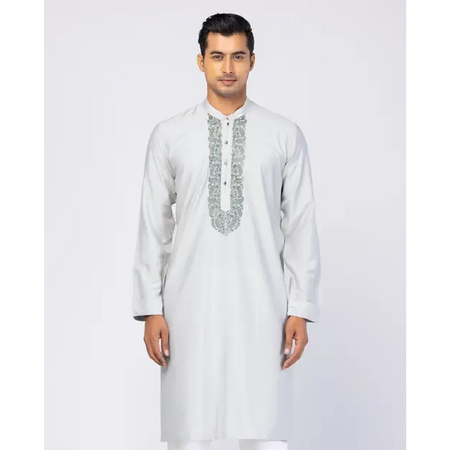 Mint-Grey Embroidered Joysree Silk Panjabi