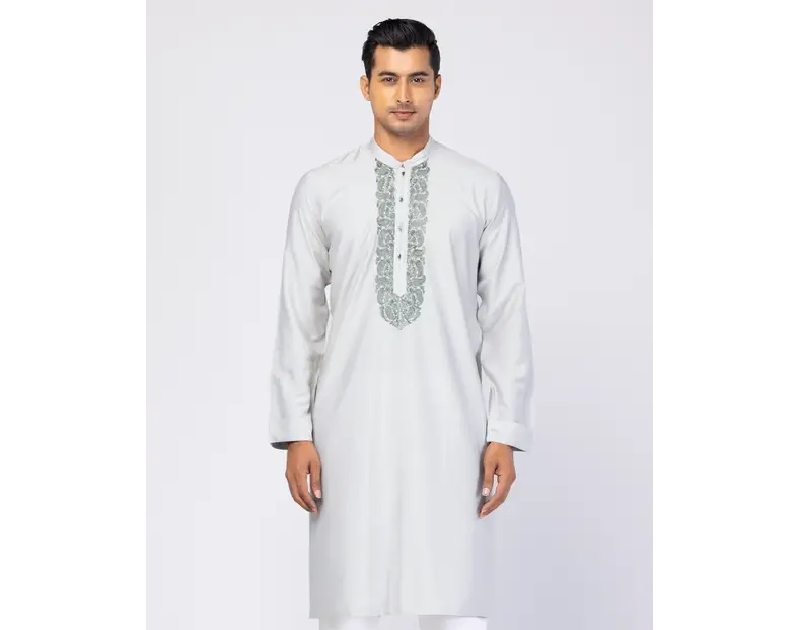 Mint-Grey Embroidered Joysree Silk Panjabi