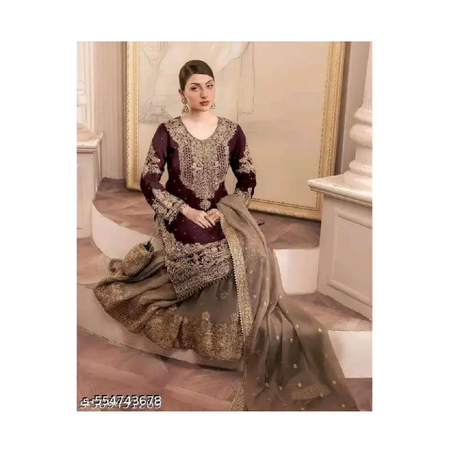 New Maroon And Beige Embroidered  Georgette Kurta - Palazzo - Dupatta Set