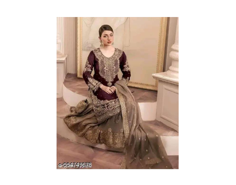 New Maroon And Beige Embroidered  Georgette Kurta - Palazzo - Dupatta Set