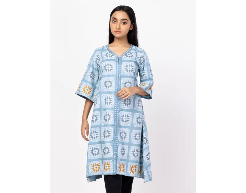 Slate Blue Printed and Embroidered Mixed Cotton Frock