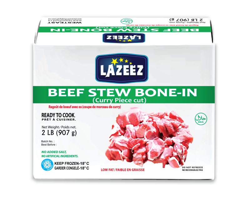 Lazeez Beef Stew Bone-In. Net Wt 2 LB ( Gross Wt was 2.5LB). 2 LB X 10 Pack Per Case. Product of Canada. Save $10