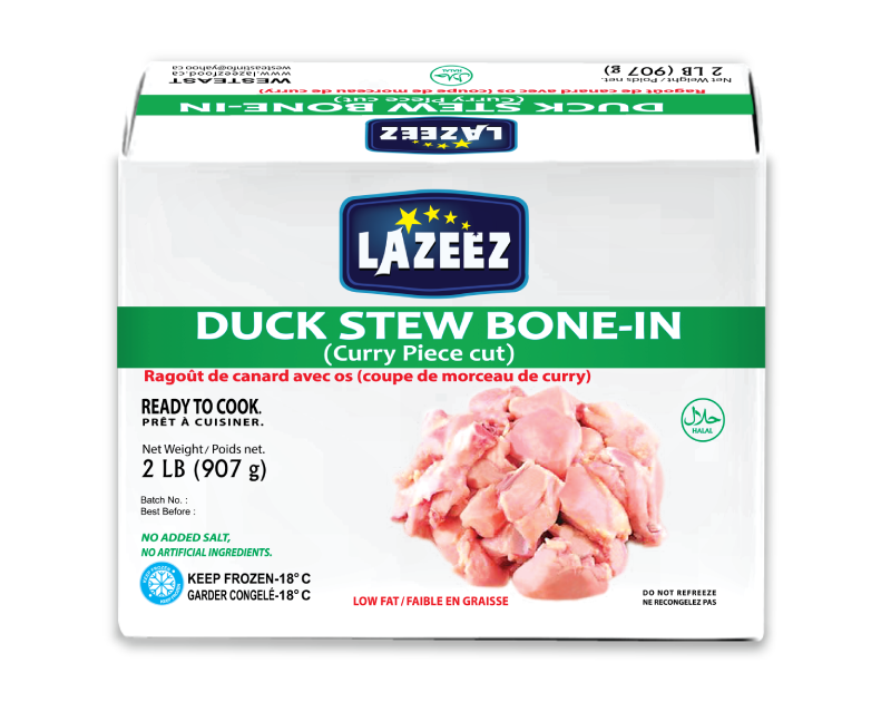 Lazeez Duck Stew Bone-In. Net Wt 2 LB ( Gross Wt was 2.5LB). 2 LB X 10 Pack Per Case. Product of Canada. Save $10