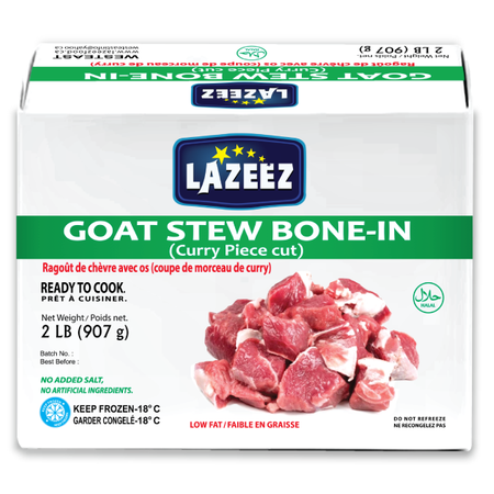 Lazeez Goat Stew Bone-In. Net Wt 2 LB ( Gross Wt was 2.5LB). 2 LB X 10 Pack Per Case. Packed & Processed in Canada. Save $10