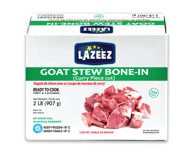 Lazeez Goat Stew Bone-In. Net Wt 2 LB ( Gross Wt was 2.5LB). 2 LB X 10 Pack Per Case. Packed & Processed in Canada. Save $10