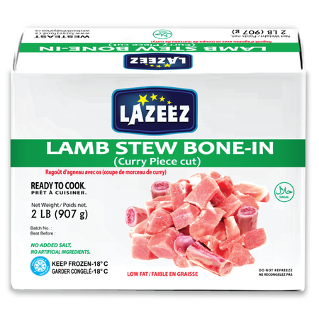 Lazeez Lamb Stew Bone-In. Net Wt 2 LB ( Gross Wt was 2.5LB). 2 LB X 10 Pack Per Case. Packed & Processed in Canada. Save $10
