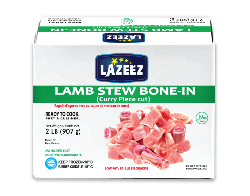 Lazeez Lamb Stew Bone-In. Net Wt 2 LB ( Gross Wt was 2.5LB). 2 LB X 10 Pack Per Case. Packed & Processed in Canada. Save $10